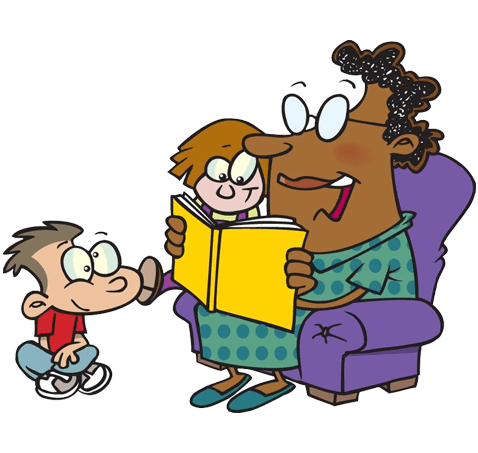 A cartoon of a woman reading to two children.